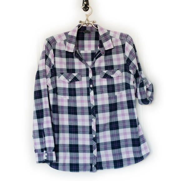 Eddie Bauer Women's Purple and Blue Plaid Long Sleeve Button Down Shirt … - Picture 2 of 12